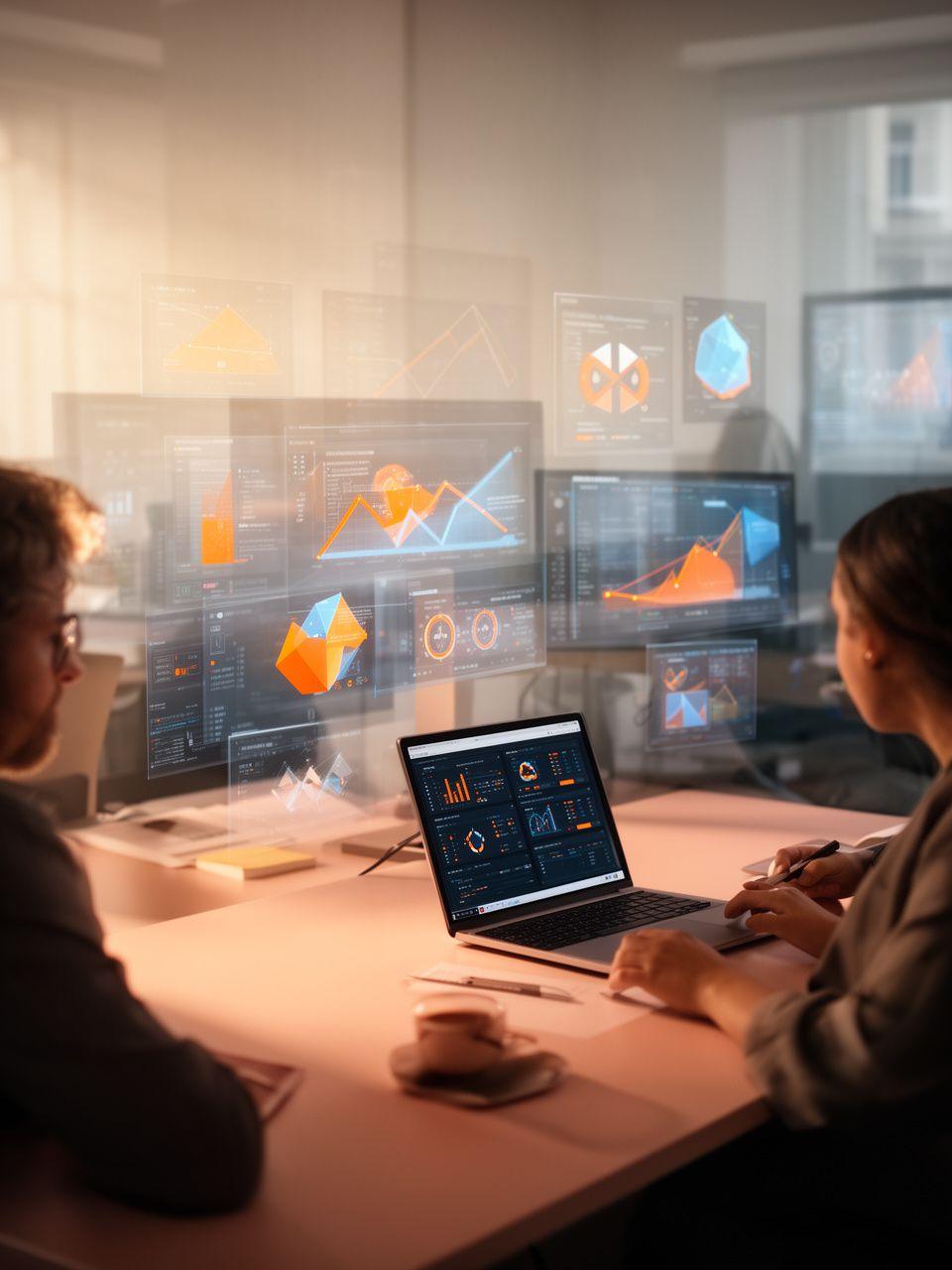 Data strategists reviewing predictive dashboard panels in a modern Dublin office with warm daylight and layered screens