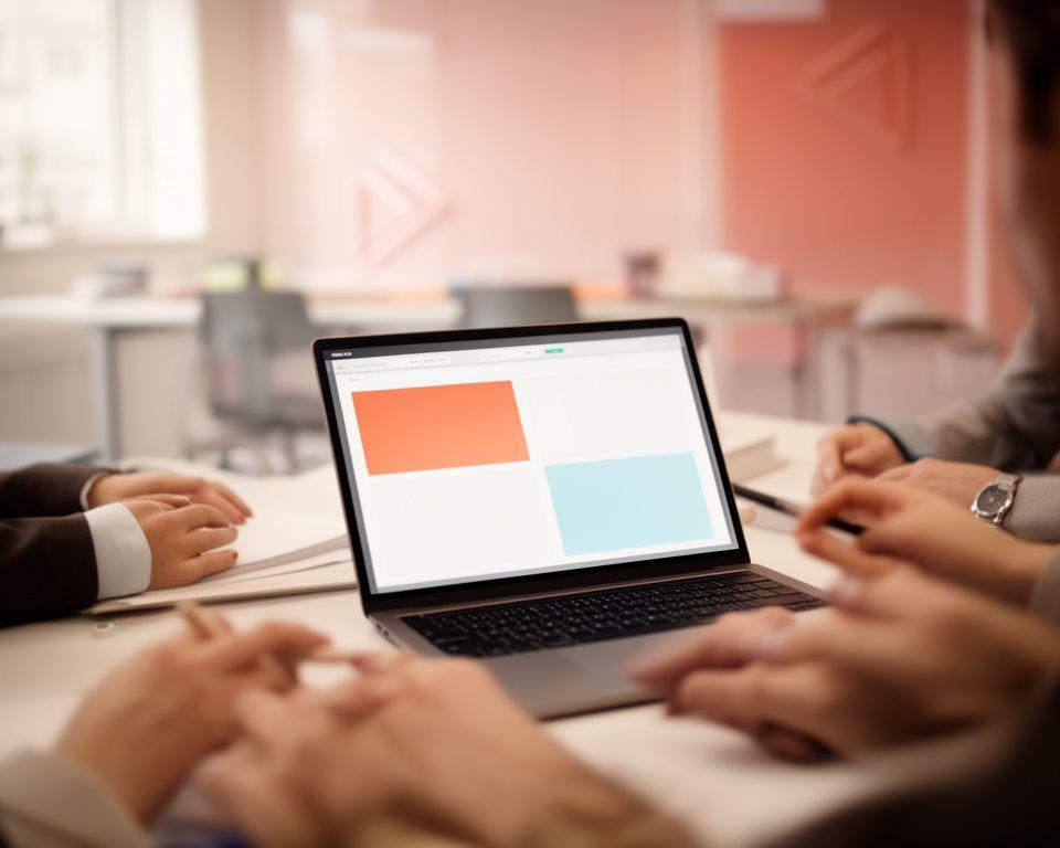 Business analysts reviewing an AI performance dashboard in a modern Dublin workspace with live route metrics on screen
