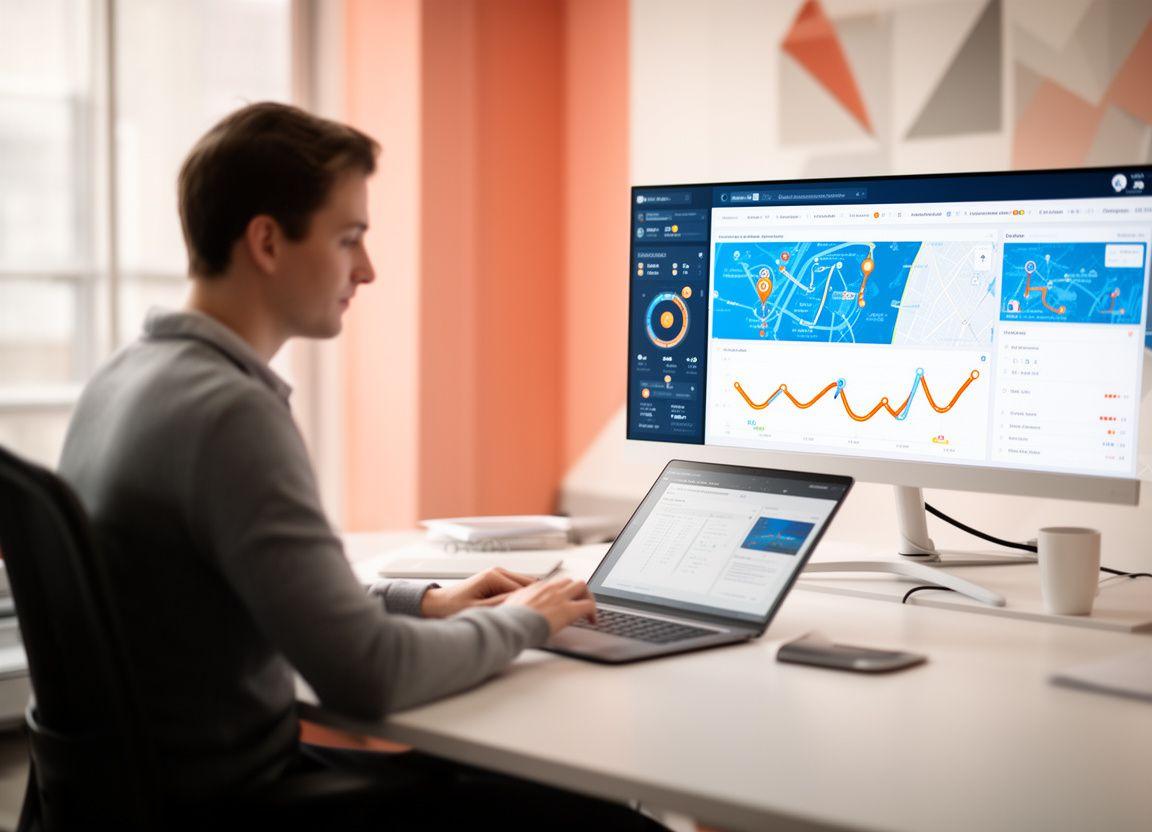 AI analyst reviewing navigation dashboards in a bright Dublin office with layered charts and route planning screens