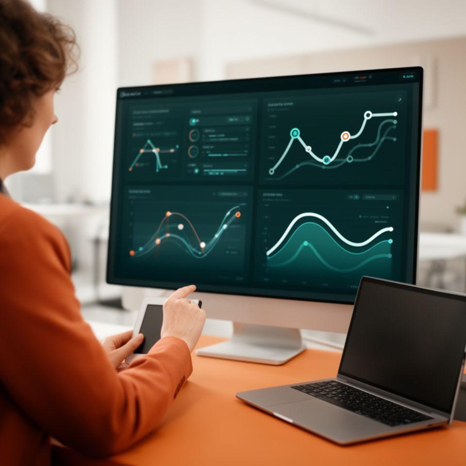 Business analyst reviewing layered AI dashboard screens in a modern Dublin workspace with route maps and performance charts