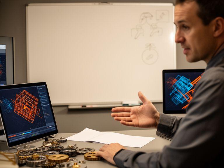Technical operations specialist discussing KPI overlays and routing data with a whiteboard in the background